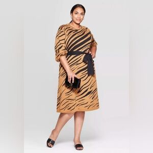 WhoWhatWear Intarsia Animal Print Sweater Dress Size XXL 3/4 Sleeve Belted Midi